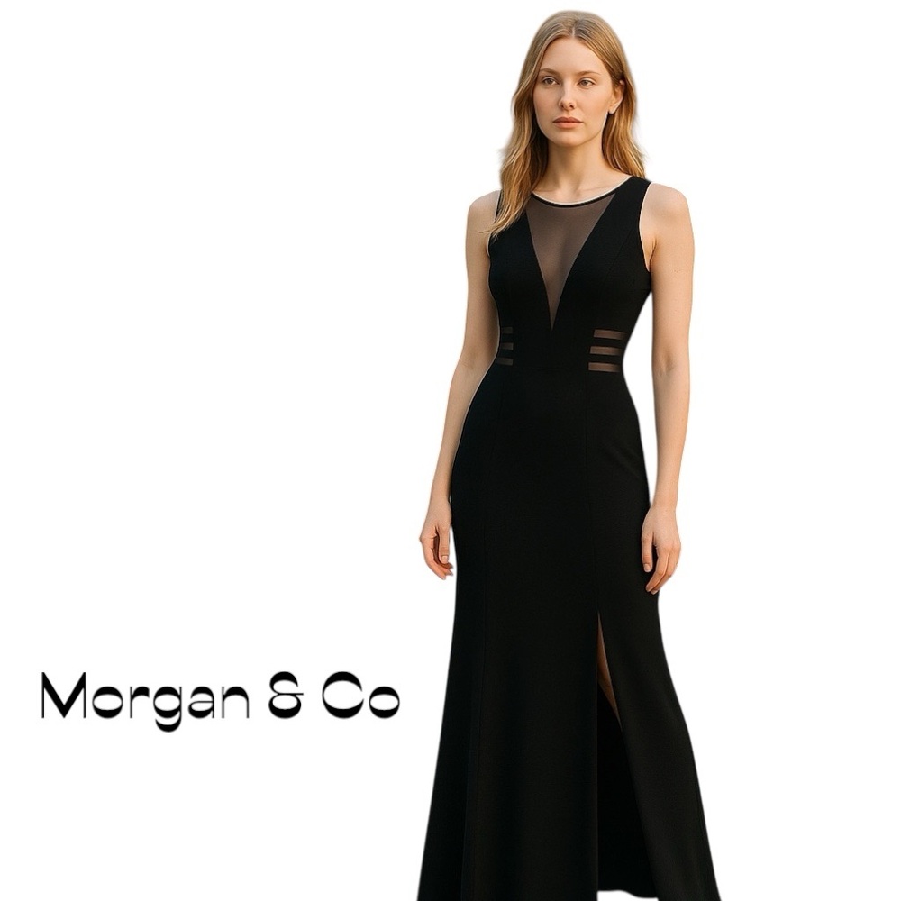 Morgan & Co Black Sheer Mesh Cut Outs Maxi Dress Size 7